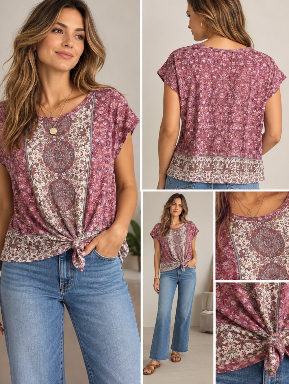 Lucky Brand Pink Floral Mixed-Print Tie-Front Tunic